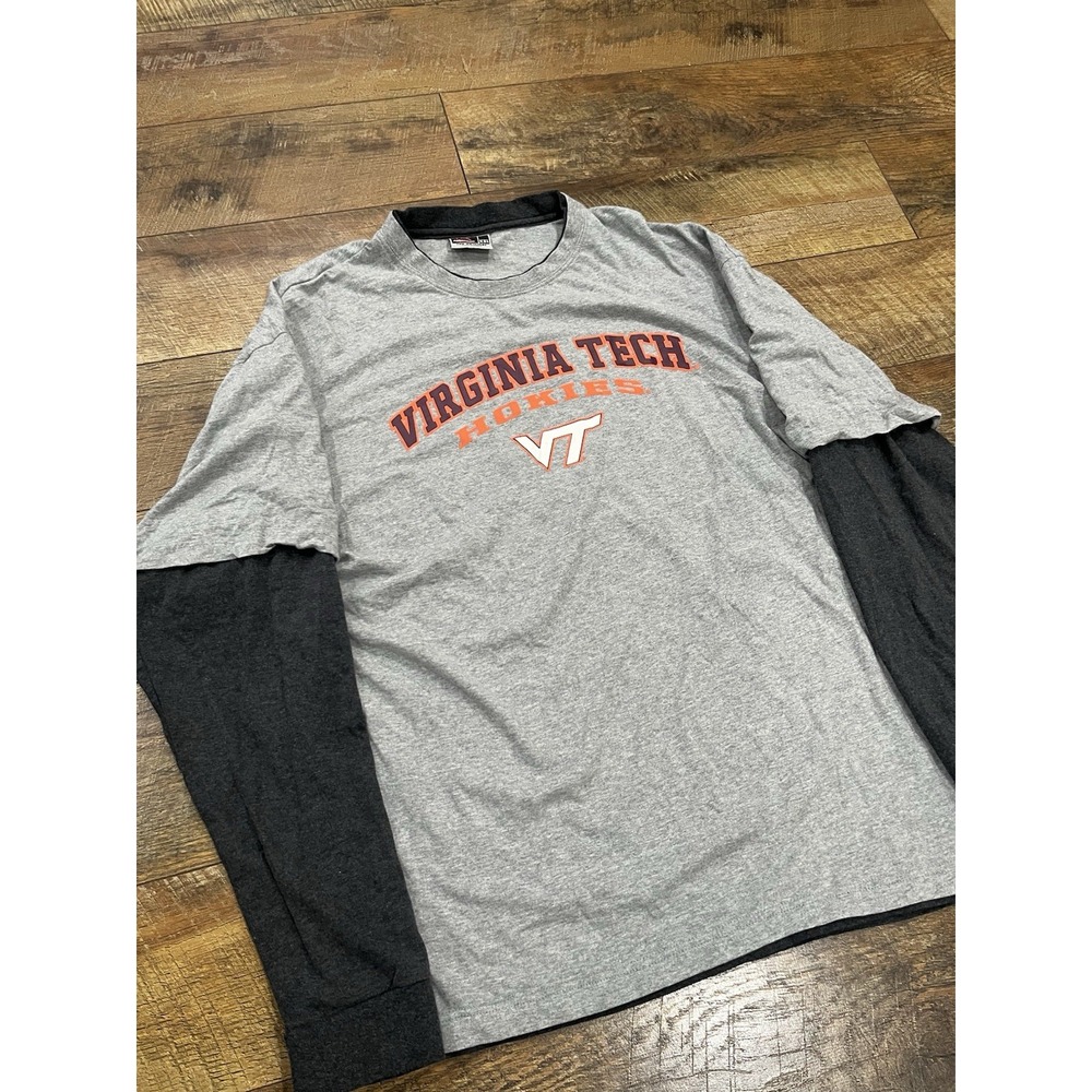 Vintage 90s Virginia Tech Hokies Layered Long Sleeve Graphic‎ Tee Shirt Grey XXL